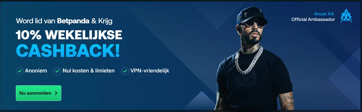 Dutch Betpanda promo banner advertising “10% wekelijkse cashback,” with a green “Nu aanmelden” button and benefit icons (anonymous, no costs & limits, VPN-friendly), featuring a man in a cap and sunglasses labelled as an official ambassador.