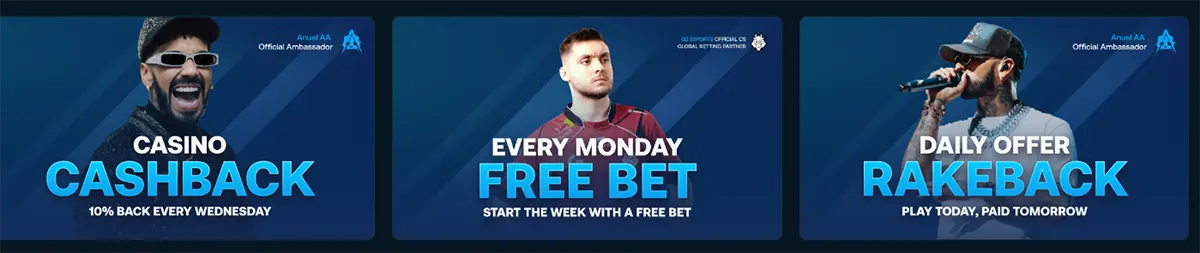 Three blue promotional tiles for Betpanda showing “Casino Cashback” (10% back every Wednesday), “Every Monday Free Bet,” and “Daily Offer Rakeback,” each featuring a male ambassador/athlete photo and bold white and cyan text.