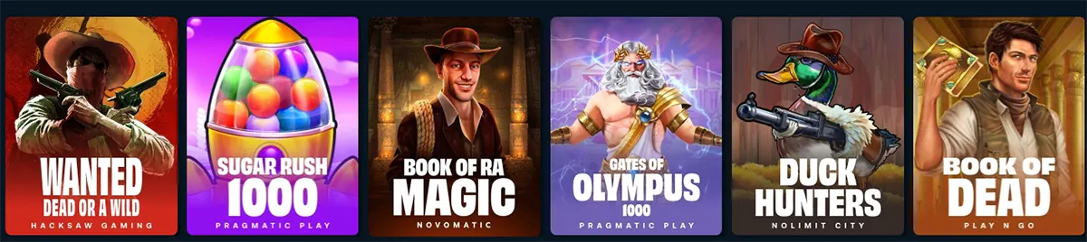 Row of slot game tiles in a casino lobby, showing Wanted: Dead or a Wild, Sugar Rush 1000, Book of Ra Magic, Gates of Olympus 1000, Duck Hunters, and Book of Dead, with character artwork and provider logos.