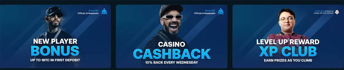 Three blue Betpanda promo tiles advertising “New Player Bonus” (up to 1 BTC on first deposit), “Casino Cashback” (10% back every Wednesday), and “Level Up Reward XP Club,” each with a male ambassador photo and bold white/cyan text.